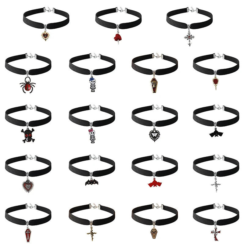 Gothic Spider Bat Cross Pendant Necklaces Vintage Red Heart Skeleton