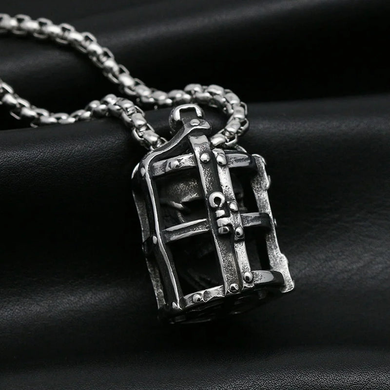 Gothic Stainless Steel Cage Skull Necklace Pendant Punk Hip Hop Biker Skull