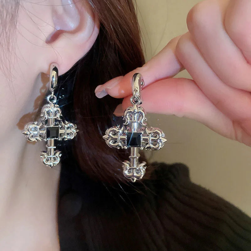 Gothic Steampunk Style Rhinestone Cross Earring