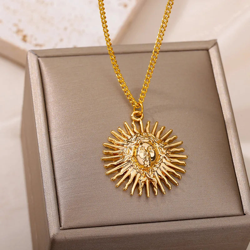 Gothic Sun Pendant Necklace Punk Vintage Chains Stainless Steel Jewelry