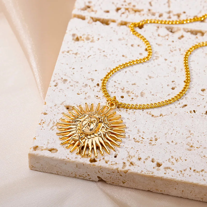 Gothic Sun Pendant Necklace Punk Vintage Chains Stainless Steel Jewelry