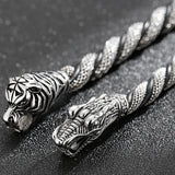 Gothic Tiger/Dragon Head Bracelet for Men Braided Leather Stainless Steel