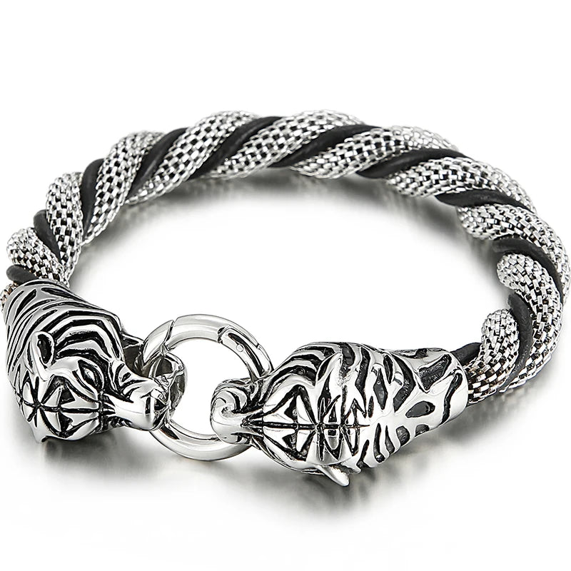 Gothic Tiger/Dragon Head Bracelet for Men Braided Leather Stainless Steel