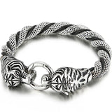Gothic Tiger/Dragon Head Bracelet for Men Braided Leather Stainless Steel