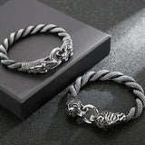 Gothic Tiger/Dragon Head Bracelet for Men Braided Leather Stainless Steel