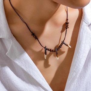 Vintage Acrylic Ivory Pendant Necklace with Brown Wood Beads
