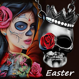 Gothic Dark Wind Halloween Skull Rose Pendant Necklace