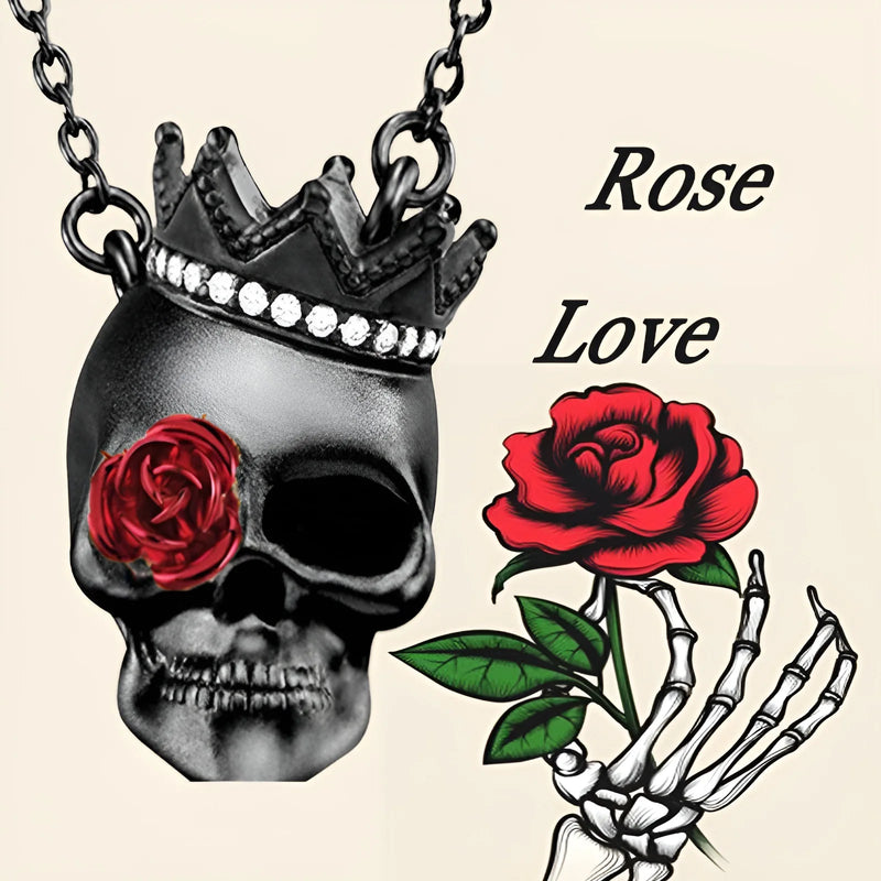 Gothic Dark Wind Halloween Skull Rose Pendant Necklace
