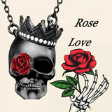 Gothic Dark Wind Halloween Skull Rose Pendant Necklace