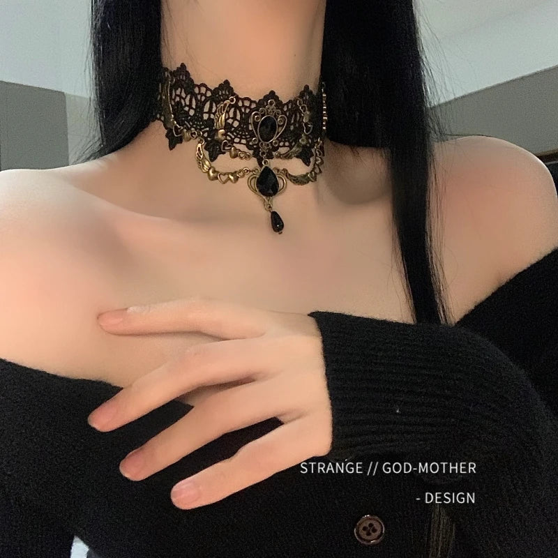 Gothic Necklace Lady Dark Lolita Lace Tassel Mesh Collar Strap Gem Retro Punk