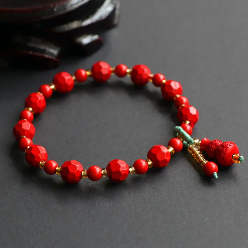 Cinnabar Jade Beaded Bracelets, Gourd Shape Stones Bangles for Women