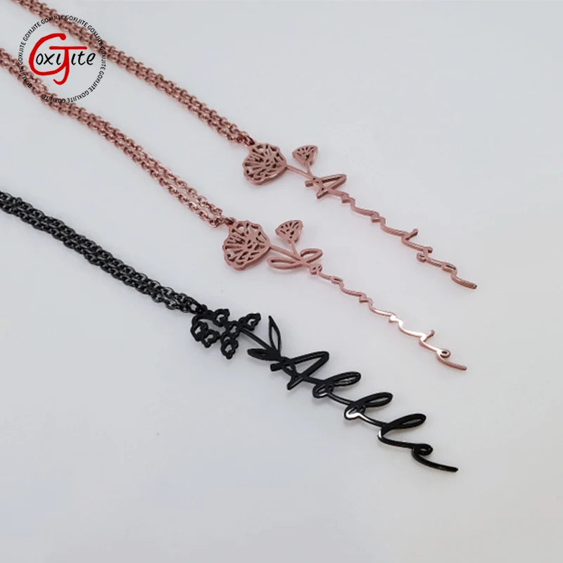 Goxijite Rose Name Pendant Stainless Steel Personalized Birthday Flower Nameplat
