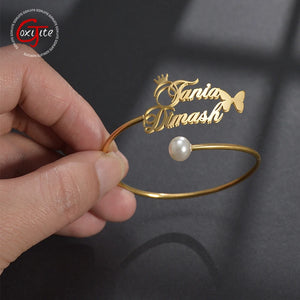 Goxijite 2 Names Bangle Bracelet for Women Girls Crown Butterfly Name