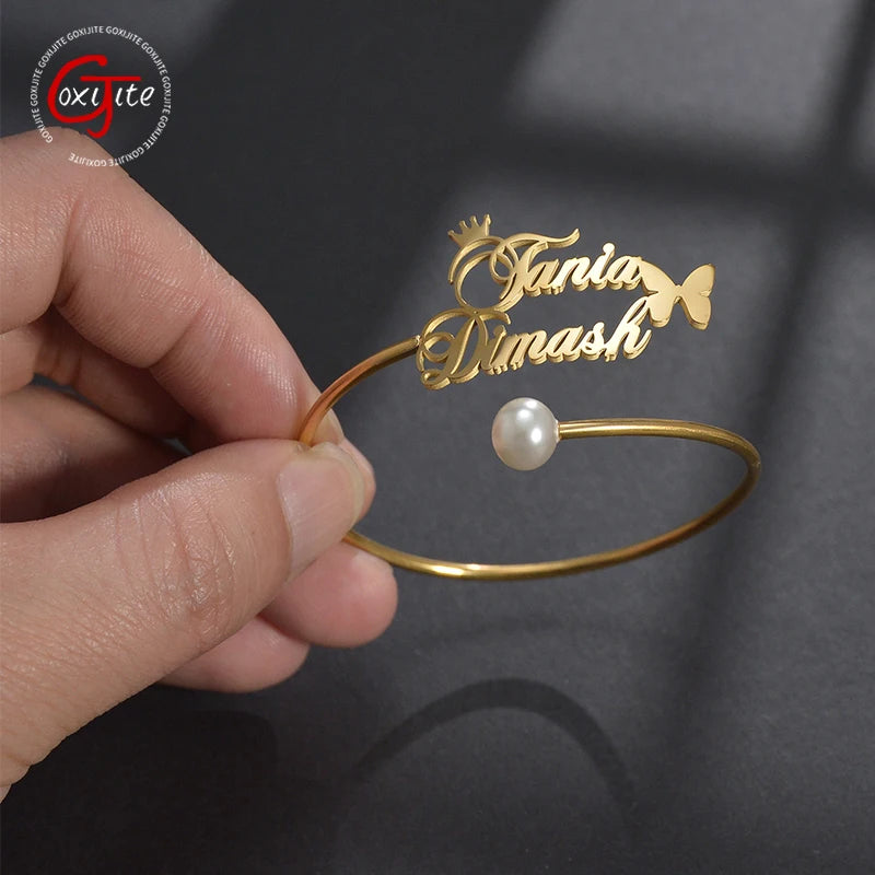 Goxijite 2 Names Bangle Bracelet for Women Girls Crown Butterfly Name