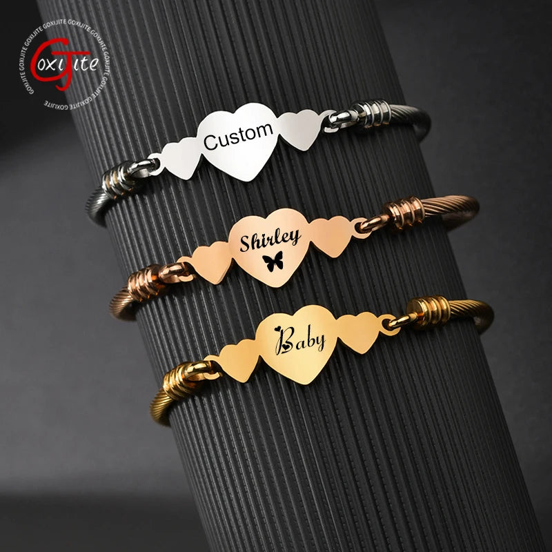 Personalized Heart Bangle Bracelet Engraved Name Date Pattern Jewelry Gift