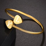 Goxijite Double Heart Engraving Bracelet Open Adjustable Bangle