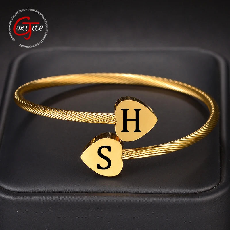 Goxijite Double Heart Engraving Bracelet Open Adjustable Bangle