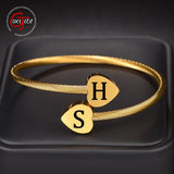 Goxijite Double Heart Engraving Bracelet Open Adjustable Bangle