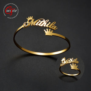 Goxijite Crown & Letter Adjustable Bangle Ring Stainless Steel