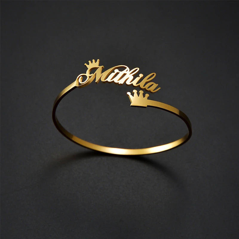 Goxijite Crown & Letter Adjustable Bangle Ring Stainless Steel