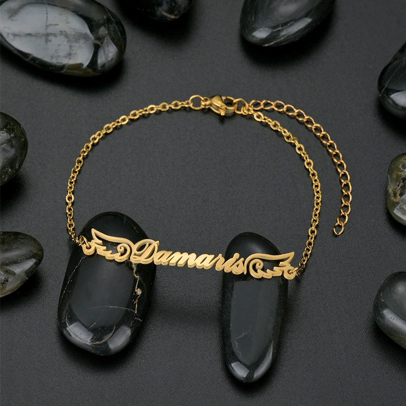 Personalized Name Bracelet with Zircon Wings - Stainless Steel
