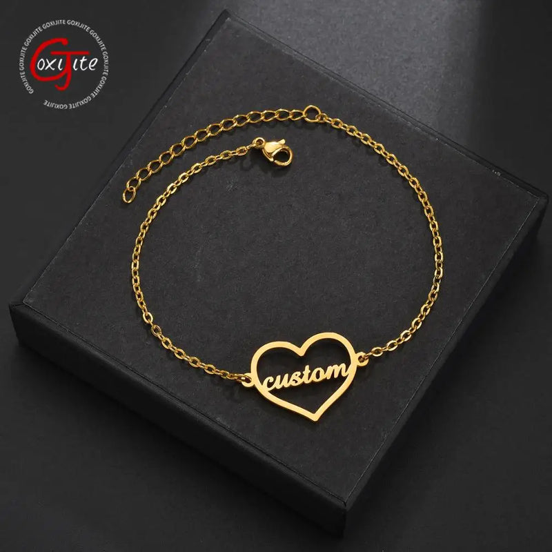 Goxijite Name Bracelet Stainless Steel Heart Initial Bangle Bracelets Gift
