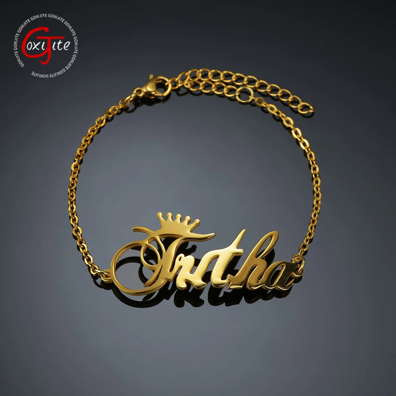 Personalized Crown Cursive Font Nameplate Bracelet Stainless Steel Memorial Gift