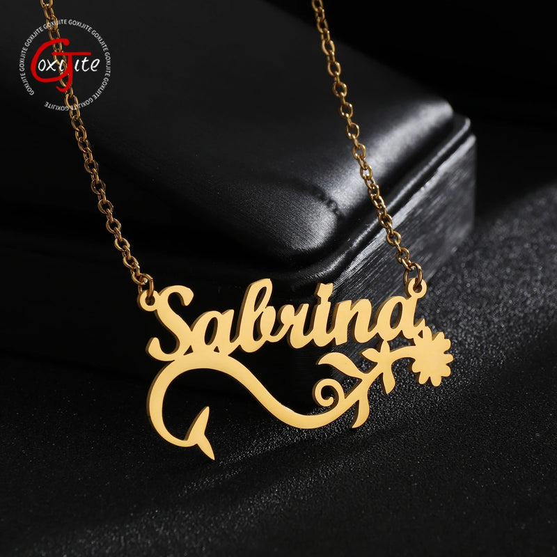 Goxijite Name Necklace Women Stainless Steel Personalized Flower Nameplate