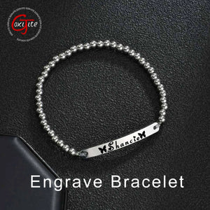 Goxijite Silver Bracelet Women Stainless Steel Engrave Name Date Round Bead