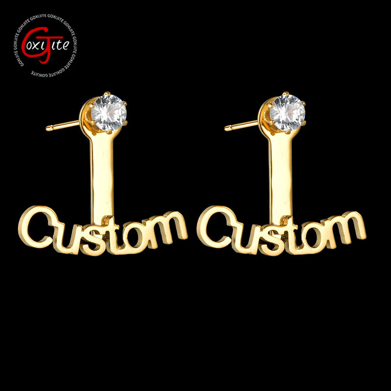 Goxijite Name Stone Stud Earrings Personalized Radian Nameplate Piercing