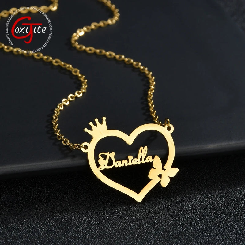 Goxijite Butterfly Name Necklace Stainless Steel Crown Heart Letter Name