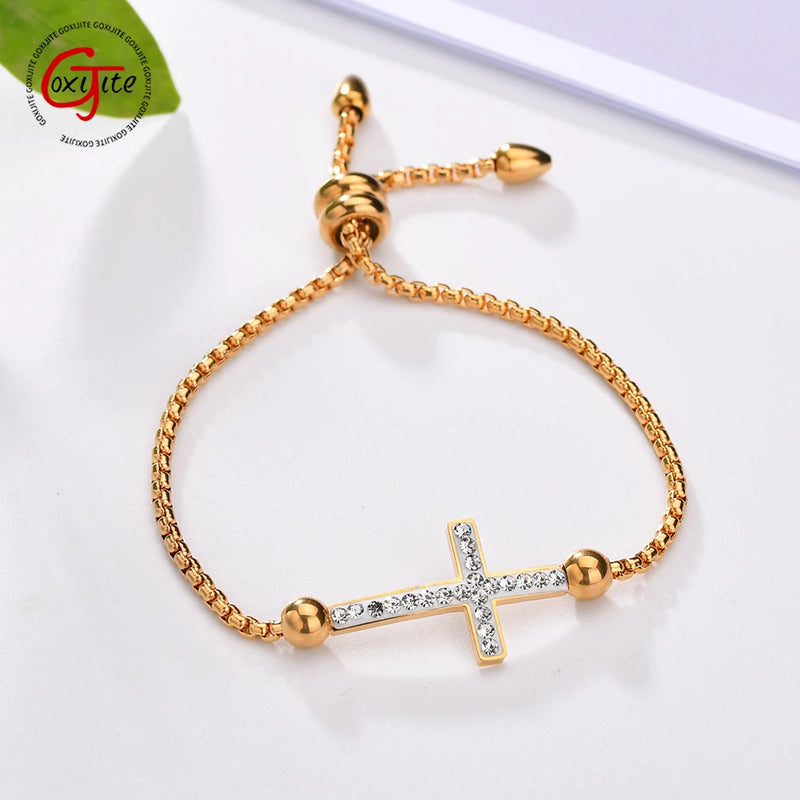 Cross Stone Bracelet Women Girls Stainless Steel Adjustable Bracelets Blessing