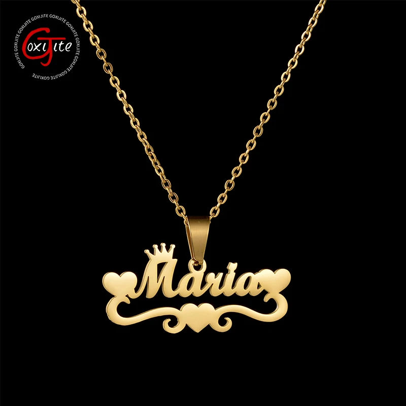 Goxijite Name Necklace Women Girls Hearts Crown Pendant Jewelry Gift