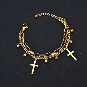 Women Double Layer Cross Bracelet Stainless Steel Charming Party Jewelry Gift