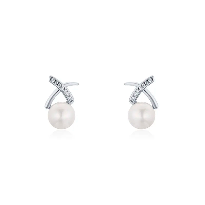 Grace 925 Silver Cross Pearl Stud Earrings Women Kids Jewelry