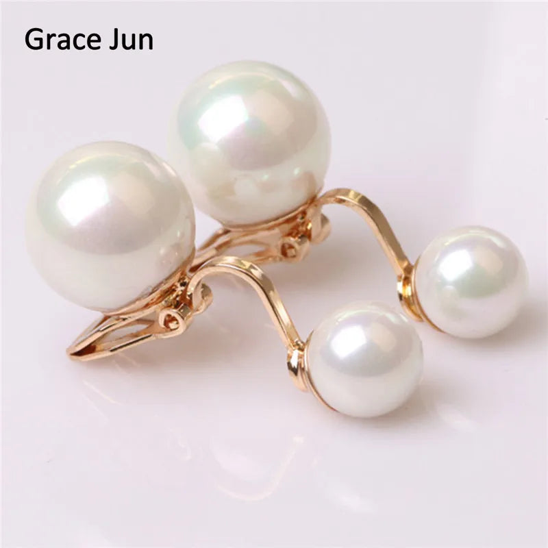 Grace Jun 2 Colors Double Simulated Pearl Clip on Earring 8mm&12mm