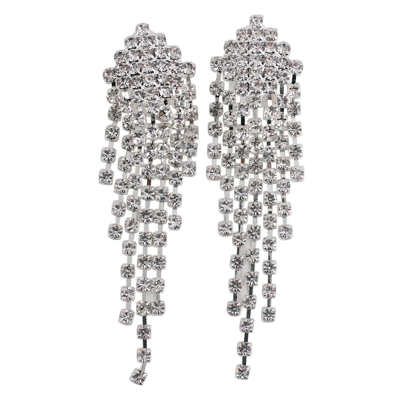 Grace Jun Bridal Crystal Rhinestone Tassel Clip Earring