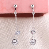 Korea Style CZ Double Water Drop Shape Clip on Earrings Non Piercing