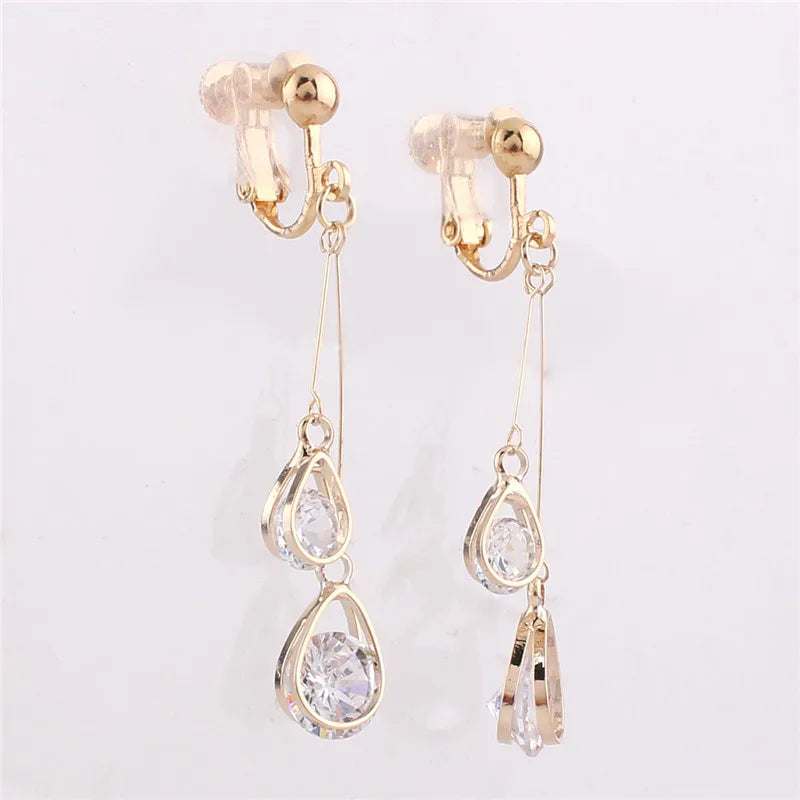 Korea Style CZ Double Water Drop Shape Clip on Earrings Non Piercing