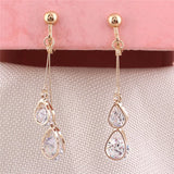 Korea Style CZ Double Water Drop Shape Clip on Earrings Non Piercing