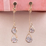 Korea Style CZ Double Water Drop Shape Clip on Earrings Non Piercing