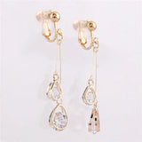 Korea Style CZ Double Water Drop Shape Clip on Earrings Non Piercing