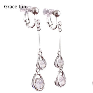 Korea Style CZ Double Water Drop Shape Clip on Earrings Non Piercing