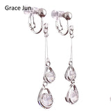Korea Style CZ Double Water Drop Shape Clip on Earrings Non Piercing