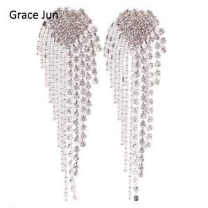 Big Heart Tassel Clip Earrings Rhinestone Chandelier Jewelry