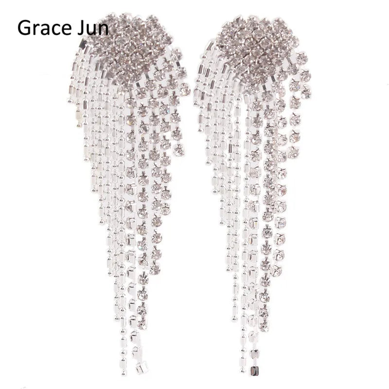Big Heart Tassel Clip Earrings Rhinestone Chandelier Jewelry