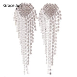 Big Heart Tassel Clip Earrings Rhinestone Chandelier Jewelry