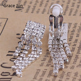 Rhinestone Crystal Tassel Clip on Earrings No Piercing for Party