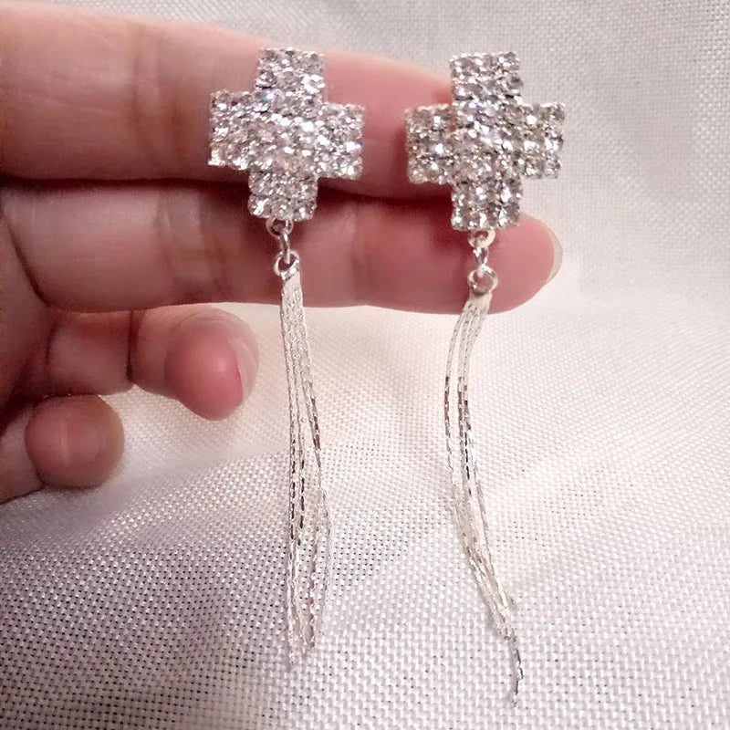 Rhinestone Crystal Tassel Clip on Earrings No Piercing for Party
