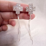Rhinestone Crystal Tassel Clip on Earrings No Piercing for Party